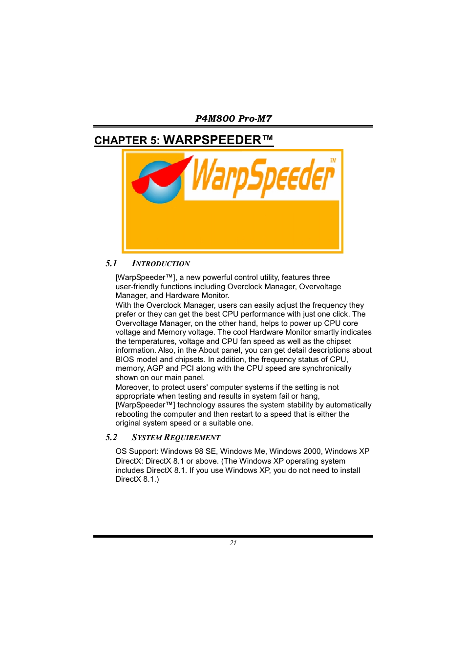 Chapter 5: warpspeeder, 1 introduction, 2 system requirement | Introduction, System requirement, Warpspeeder, Chapter 5 | BioStar P4M800 User Manual | Page 23 / 31