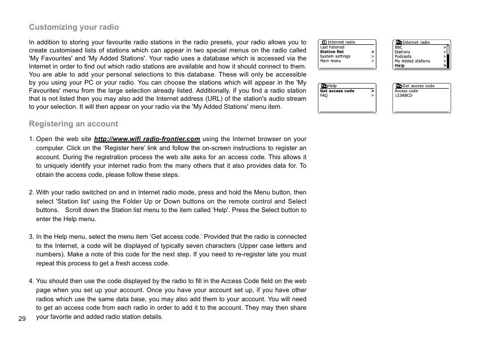 Customizing your radio, Registering an account | Sangean DDR-62 (R1) User Manual | Page 30 / 104