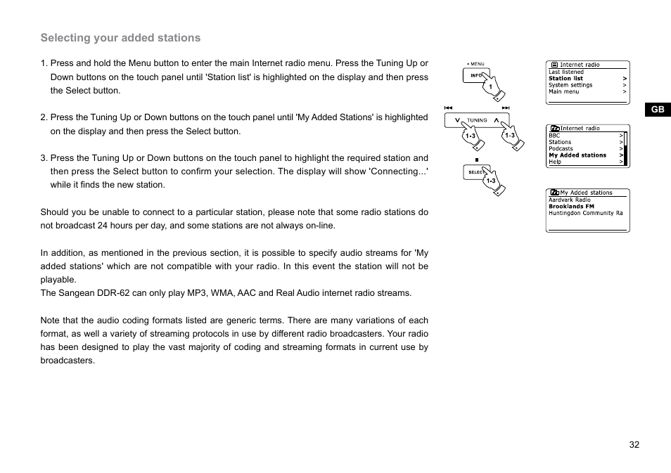 Selecting your added stations | Sangean DDR-62 (R1) User Manual | Page 33 / 104