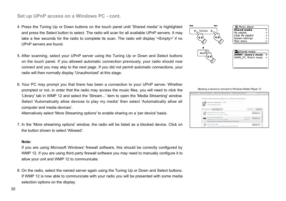 Set up upnp access on a windows pc - cont | Sangean DDR-62 (R1) User Manual | Page 36 / 104