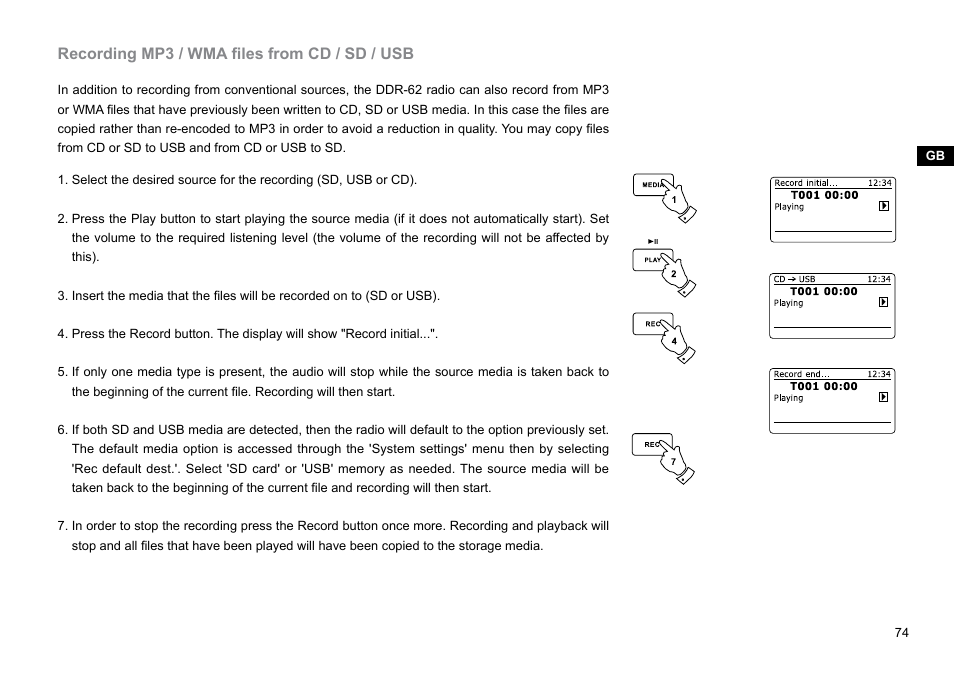 Recording mp3 / wma files from cd / sd / usb | Sangean DDR-62 (R1) User Manual | Page 75 / 104