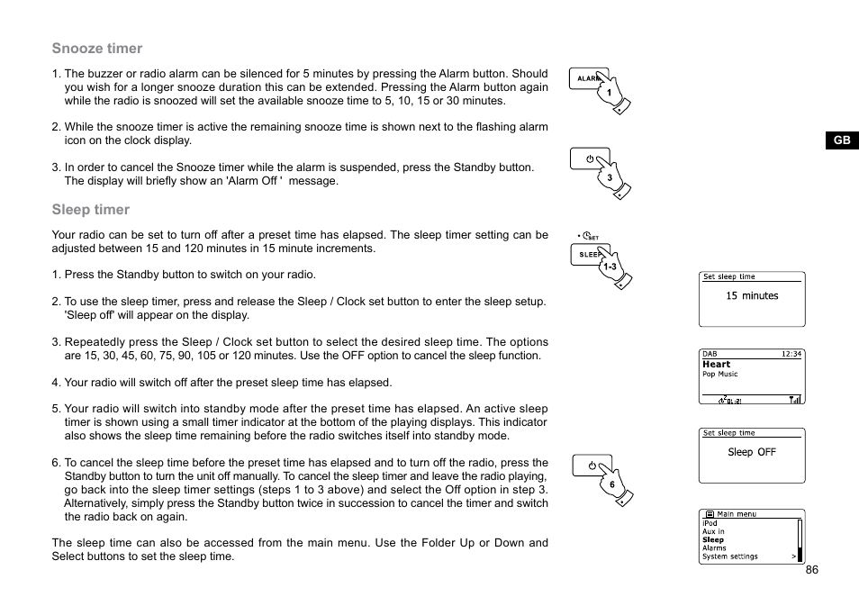 Snooze timer, Sleep timer | Sangean DDR-62 (R1) User Manual | Page 87 / 104