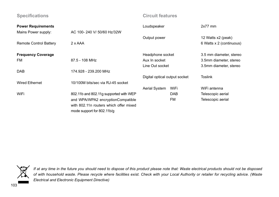 Specifications, Circuit features | Sangean DDR-62 (V1) User Manual | Page 104 / 104