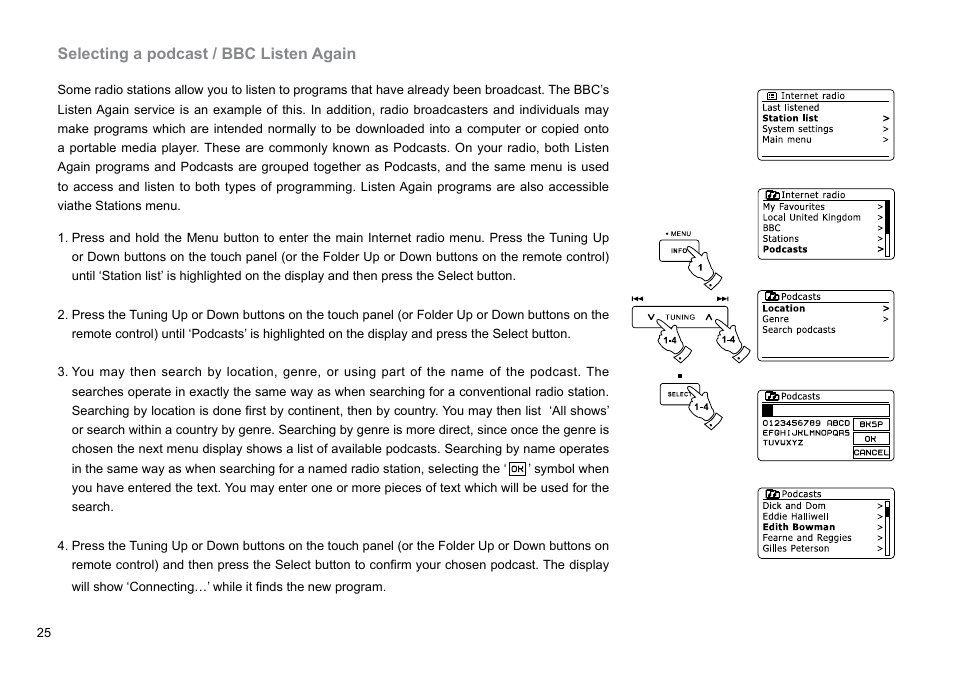 Selecting a podcast / bbc listen again | Sangean DDR-62 (V1) User Manual | Page 26 / 104