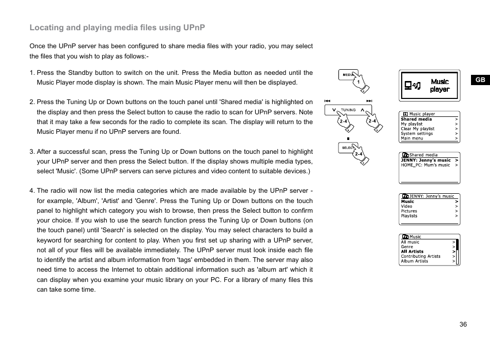 Locating and playing media files using upnp | Sangean DDR-62 (V1) User Manual | Page 37 / 104