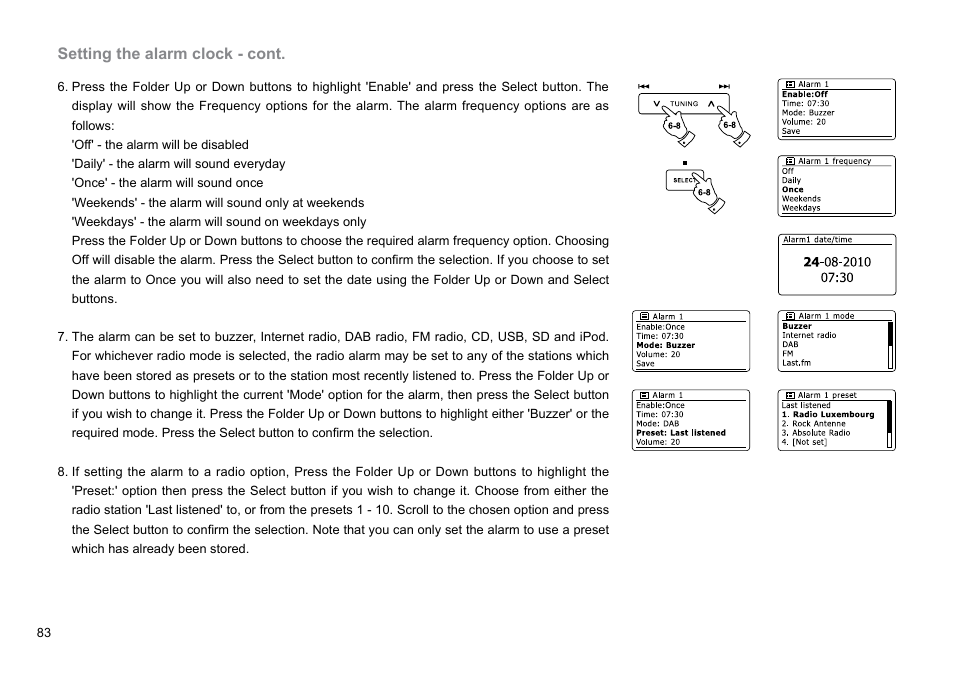 Setting the alarm clock - cont | Sangean DDR-62 (V1) User Manual | Page 84 / 104