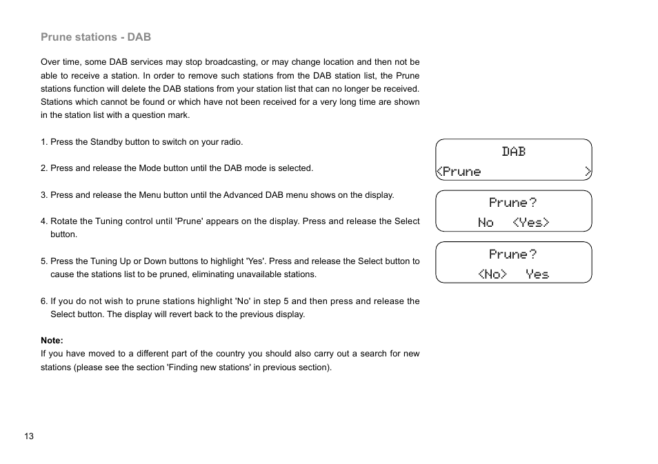 Dab <prune > prune? no <yes> prune? <no> yes | Sangean DDR-36 (V1) User Manual | Page 14 / 43