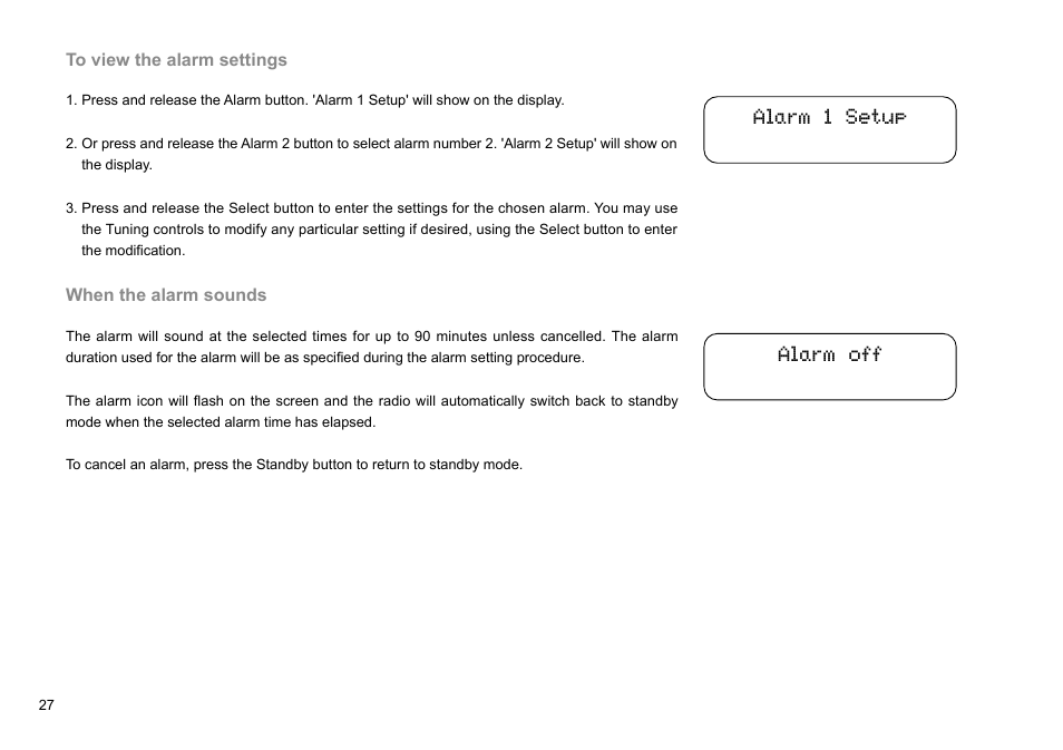 Alarm 1 setup alarm off | Sangean DDR-36 (V1) User Manual | Page 28 / 43