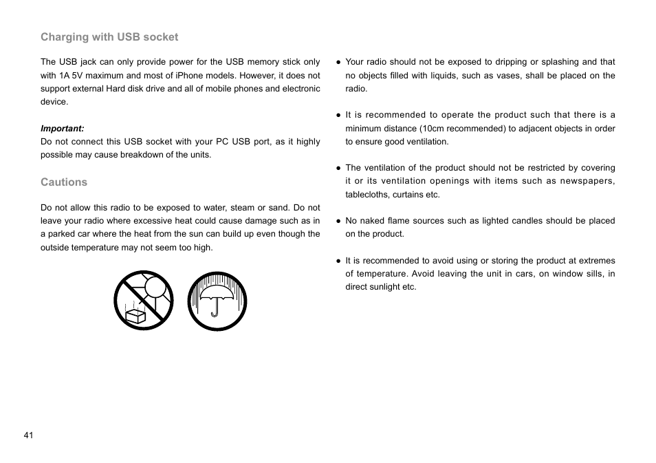 Charging with usb socket, Cautions | Sangean DDR-36 (V1) User Manual | Page 42 / 43