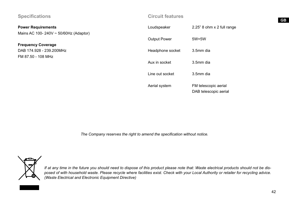 Specifications, Circuit features | Sangean DDR-36 (V1) User Manual | Page 43 / 43