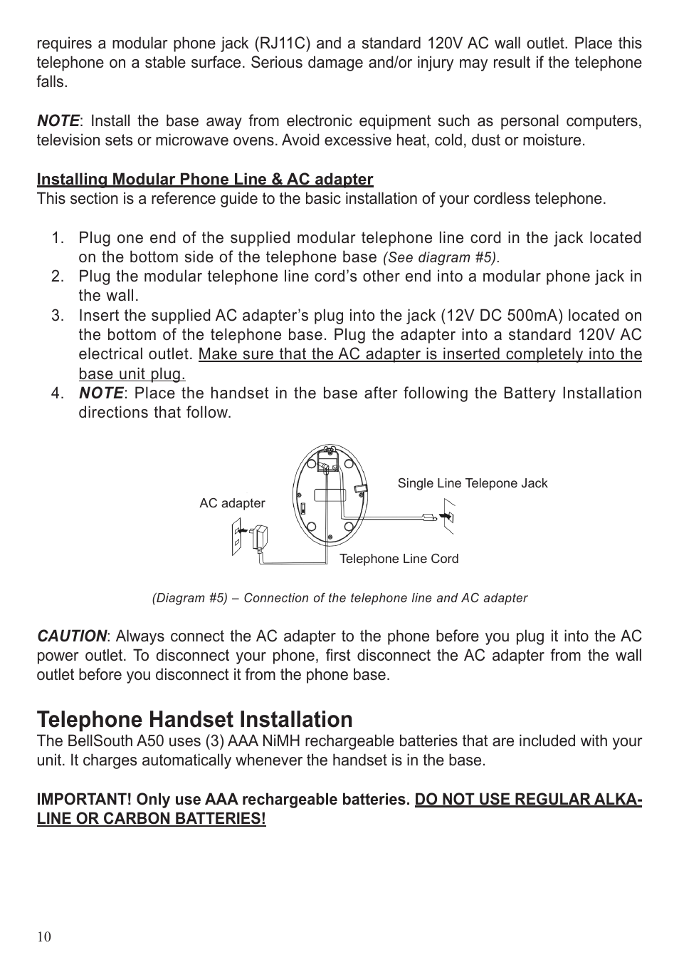 Telephone handset installation | BellSouth A50 User Manual | Page 10 / 29