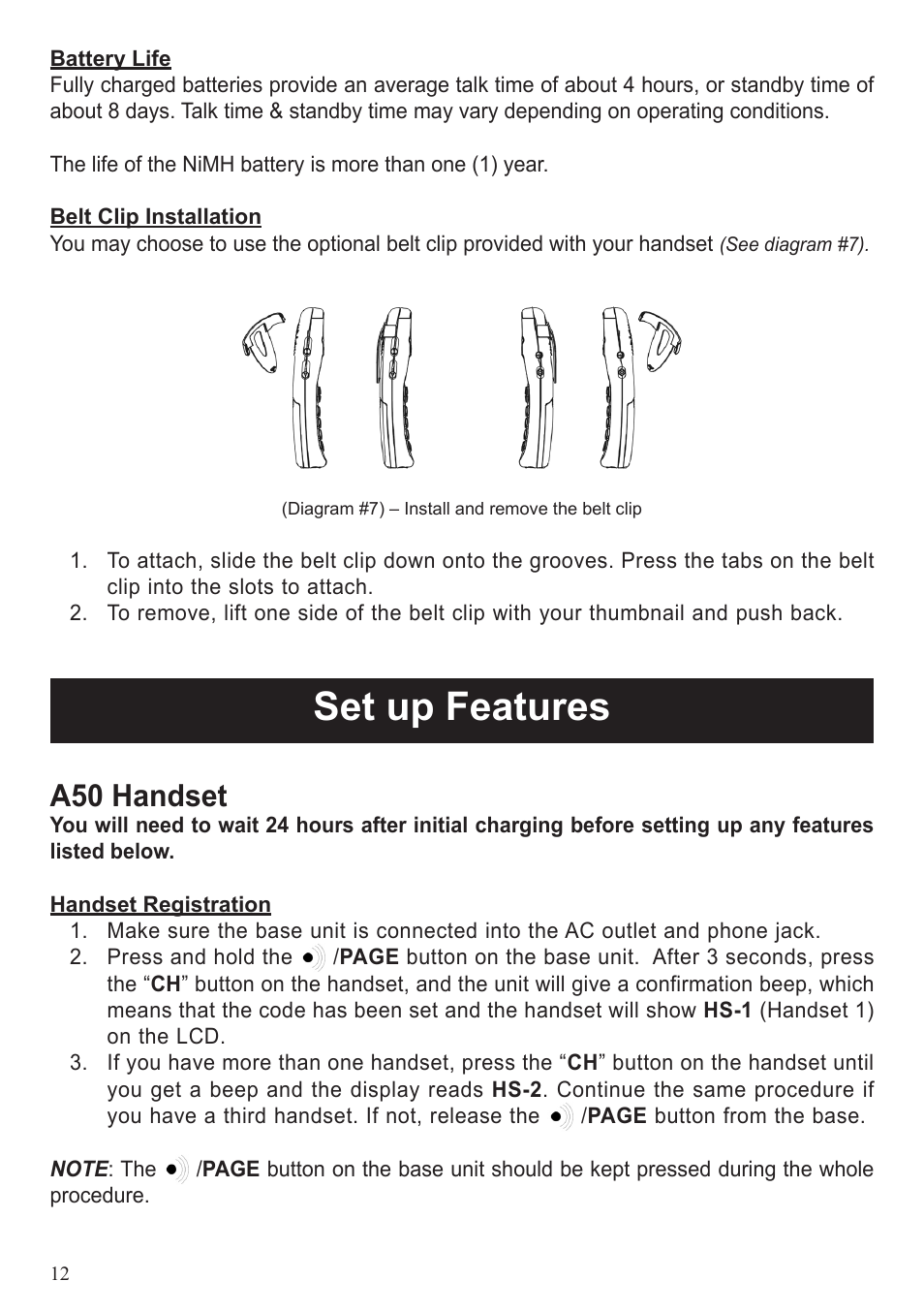 Set up features, A50 handset | BellSouth A50 User Manual | Page 12 / 29