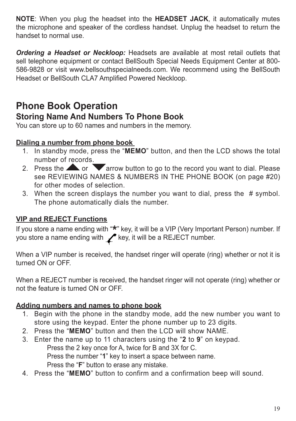 Phone book operation, Storing name and numbers to phone book | BellSouth A50 User Manual | Page 19 / 29