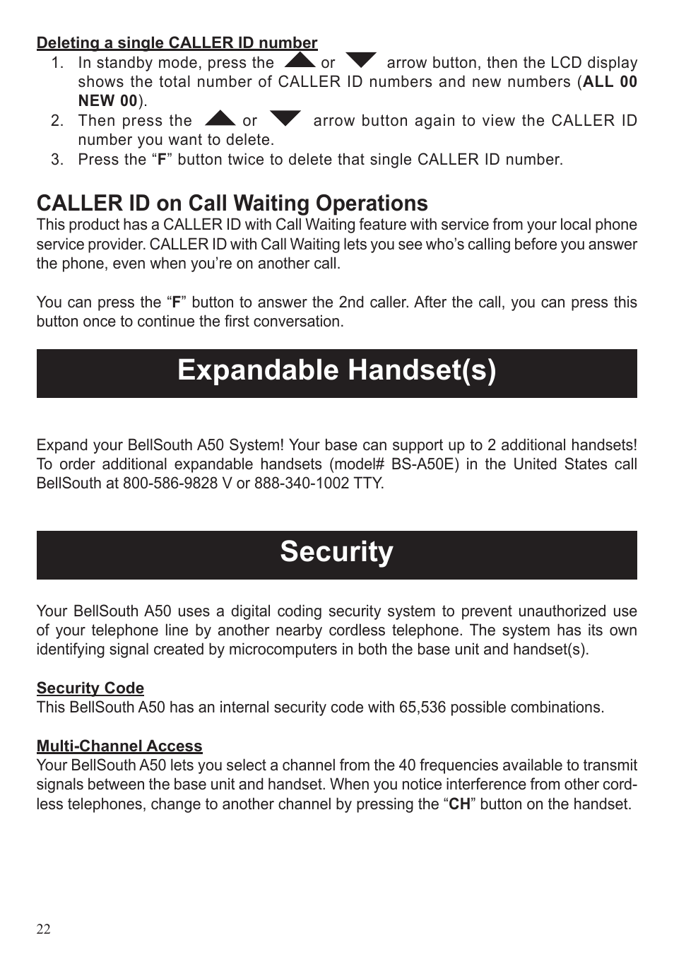 Expandable handset(s), Security, Caller id on call waiting operations | BellSouth A50 User Manual | Page 22 / 29