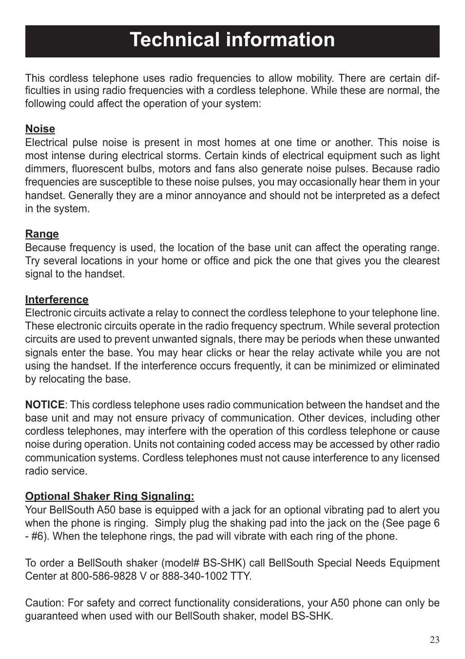 Technical information | BellSouth A50 User Manual | Page 23 / 29