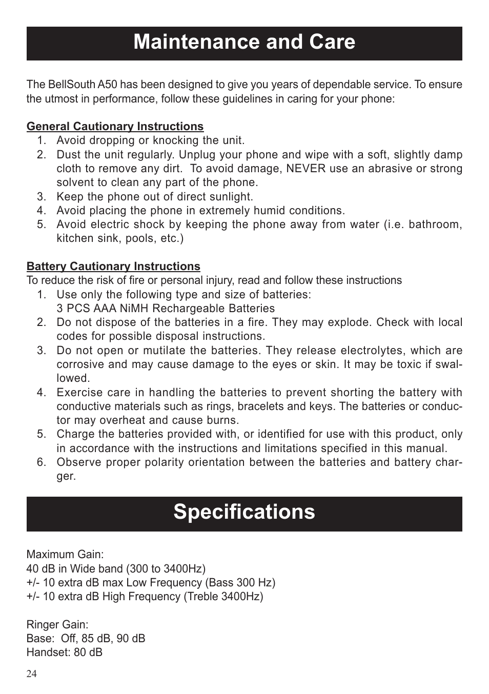 Maintenance and care, Specifications | BellSouth A50 User Manual | Page 24 / 29