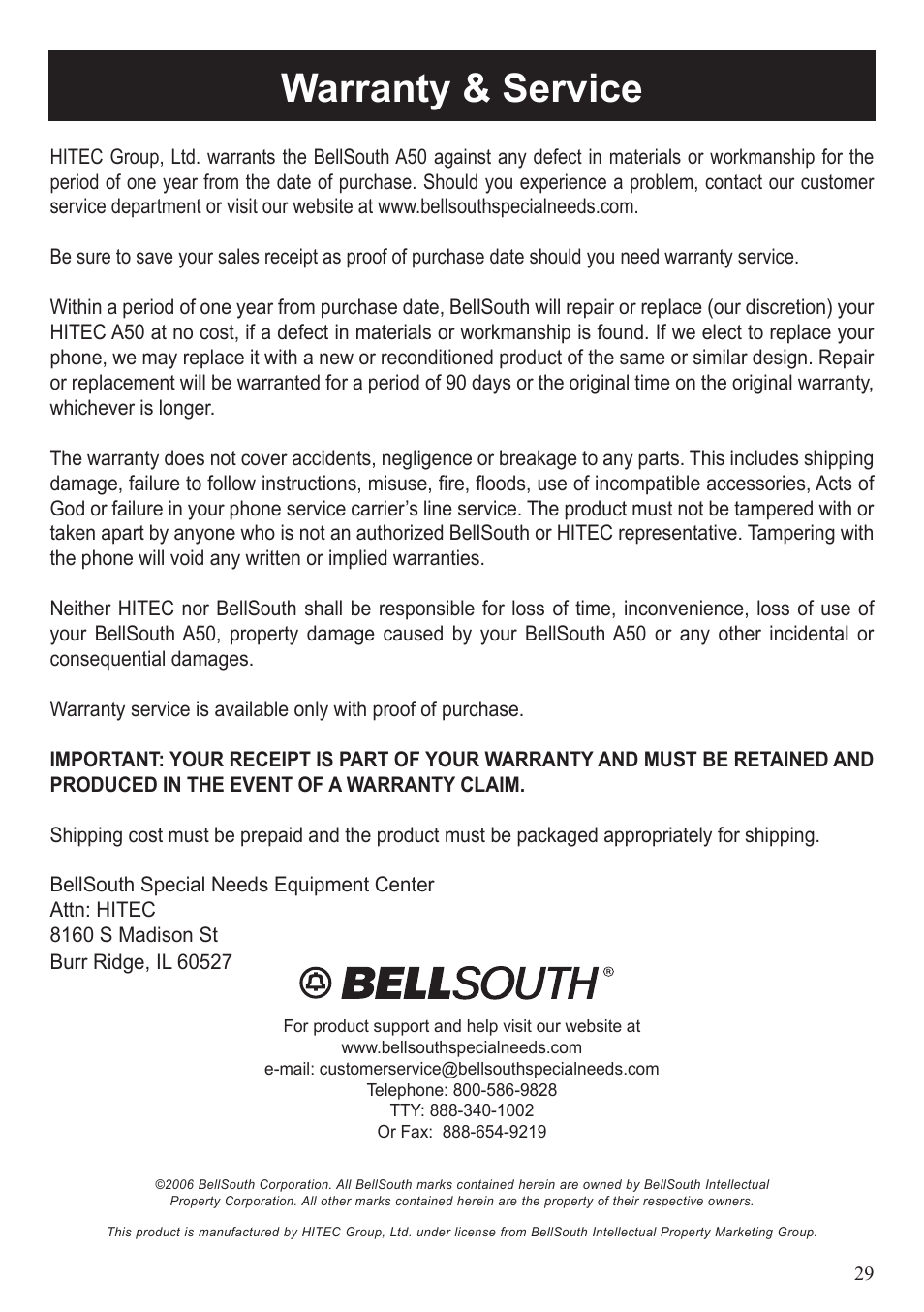 Warranty & service | BellSouth A50 User Manual | Page 29 / 29