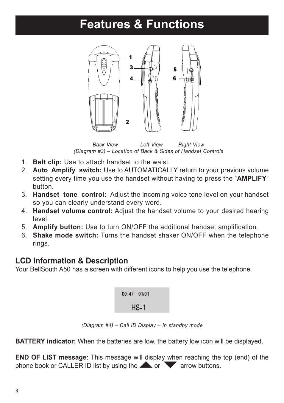 Features & functions, Lcd information & description | BellSouth A50 User Manual | Page 8 / 29