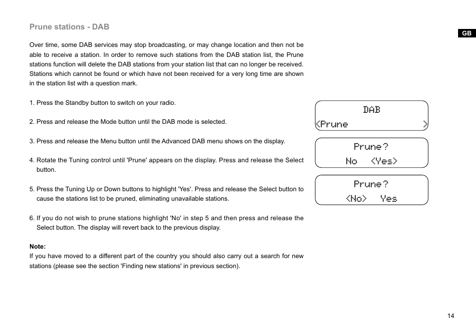 Dab <prune > prune? no <yes> prune? <no> yes | Sangean DDR-38 (V1) User Manual | Page 15 / 46