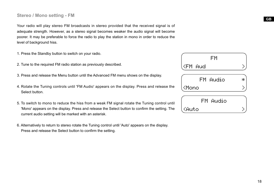 Fm <fm aud > fm audio * <mono > fm audio <auto | Sangean DDR-38 (V1) User Manual | Page 19 / 46