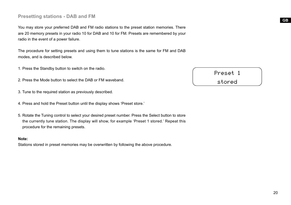Preset 1 stored | Sangean DDR-38 (V1) User Manual | Page 21 / 46