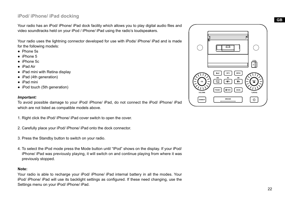 Ipod/ iphone/ ipad docking | Sangean DDR-38 (V1) User Manual | Page 23 / 46