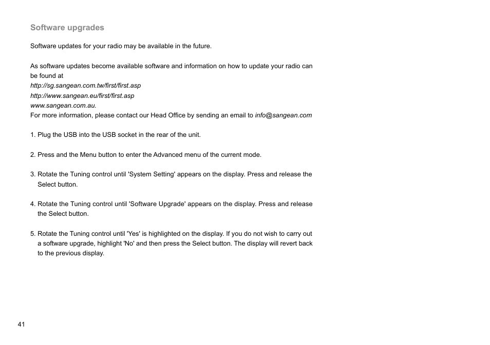 Software upgrades | Sangean DDR-38 (V1) User Manual | Page 42 / 46