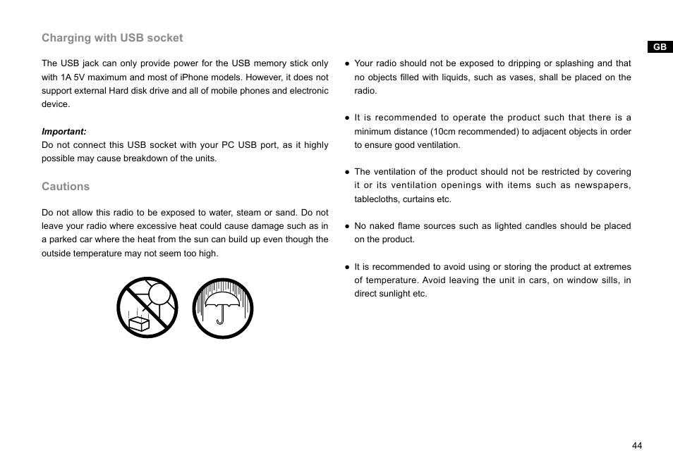 Charging with usb socket, Cautions | Sangean DDR-38 (V1) User Manual | Page 45 / 46