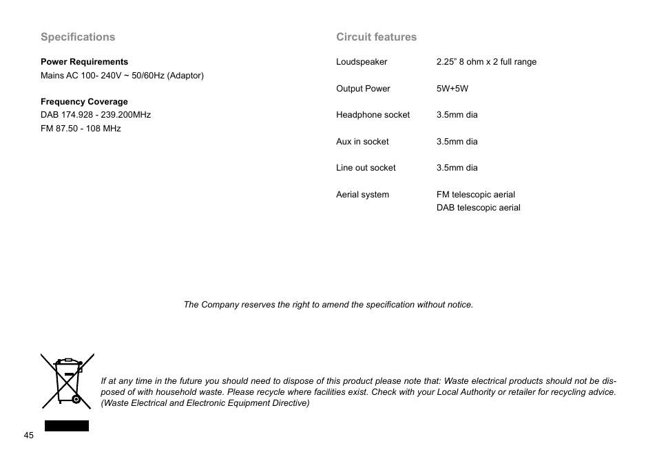Specifications, Circuit features | Sangean DDR-38 (V1) User Manual | Page 46 / 46