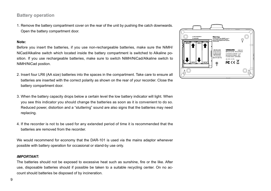 Battery operation | Sangean DAR-101 (R1) User Manual | Page 10 / 42