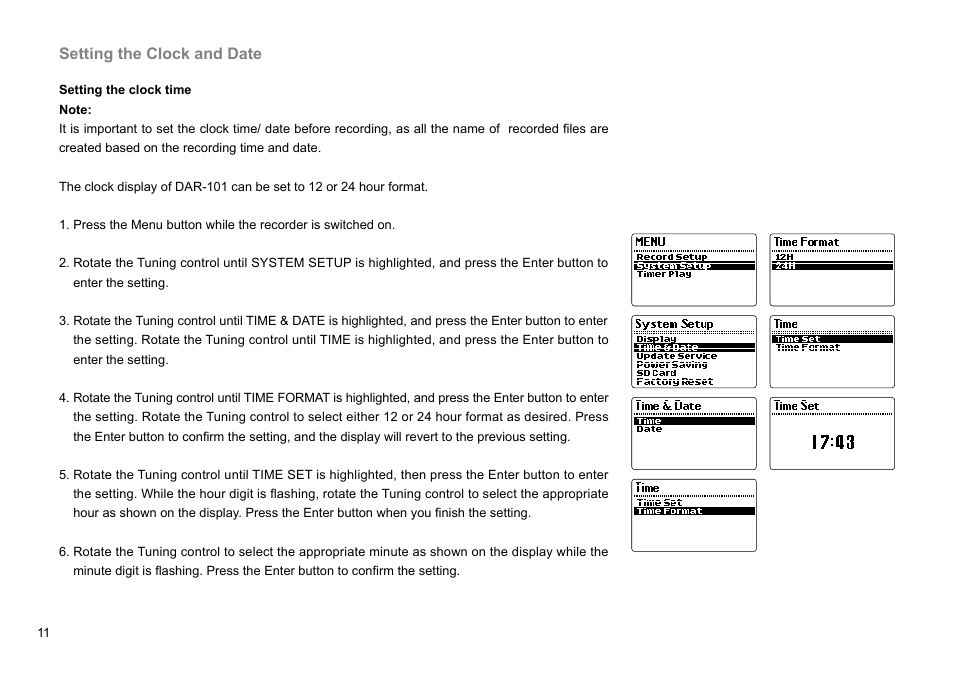 Setting the clock and date | Sangean DAR-101 (R1) User Manual | Page 12 / 42