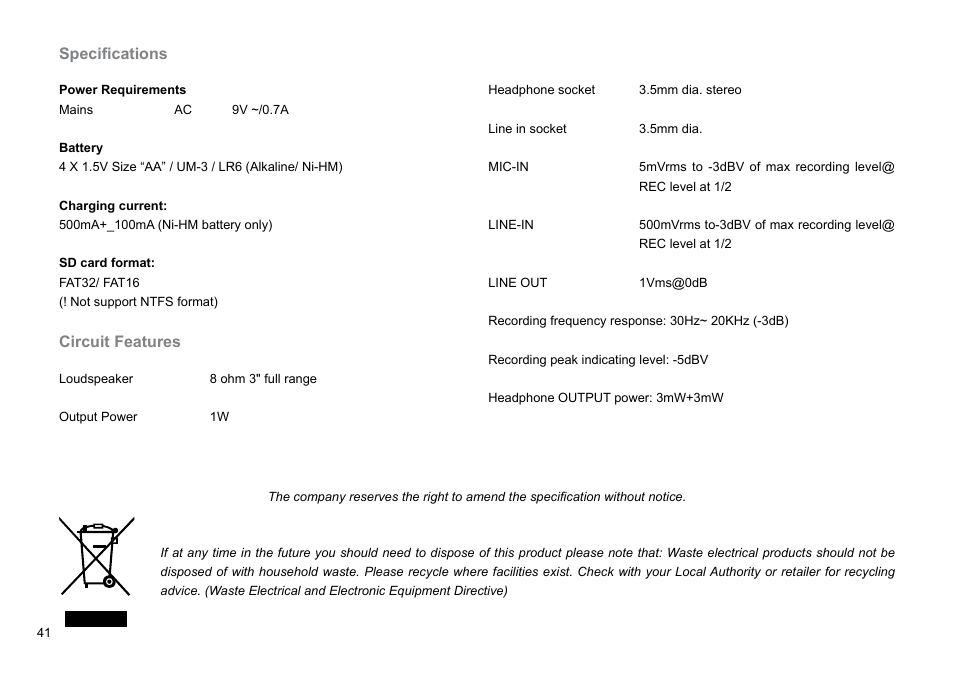 Specifications, Circuit features | Sangean DAR-101 (R1) User Manual | Page 42 / 42