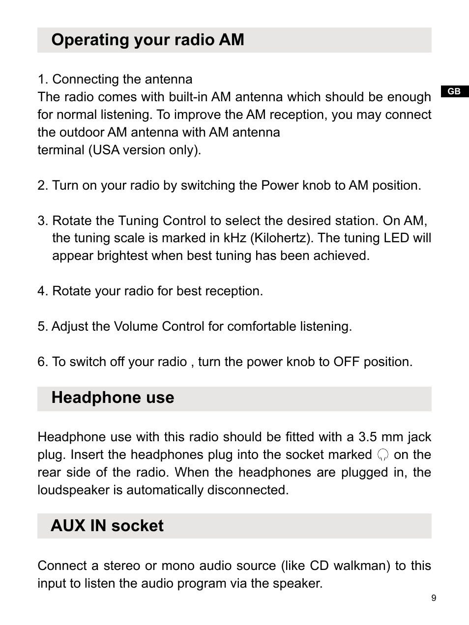 Operating your radio am, Headphone use, Aux in socket | Sangean WR-1 (V1) User Manual | Page 10 / 12