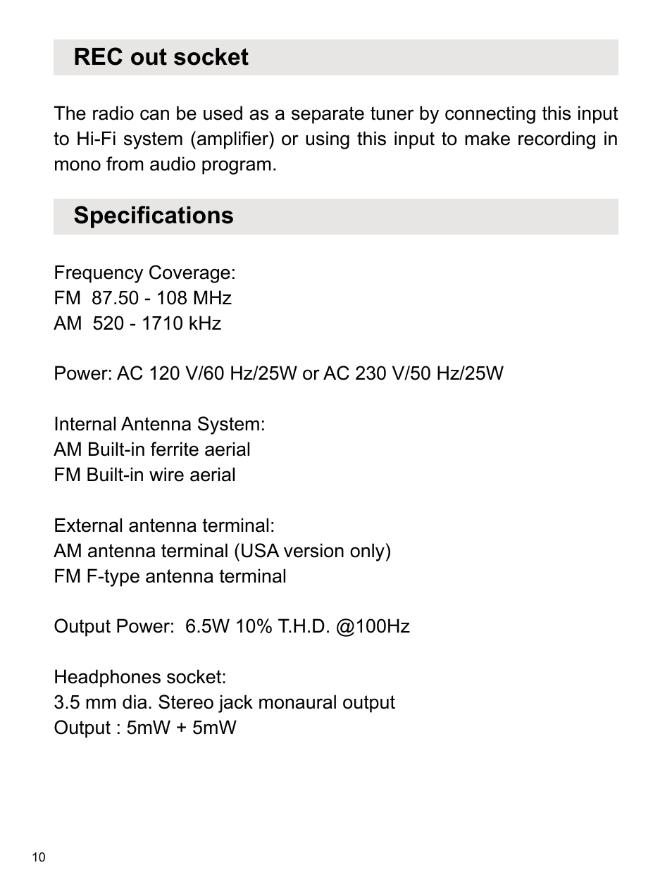 Rec out socket, Specifications | Sangean WR-1 (V1) User Manual | Page 11 / 12