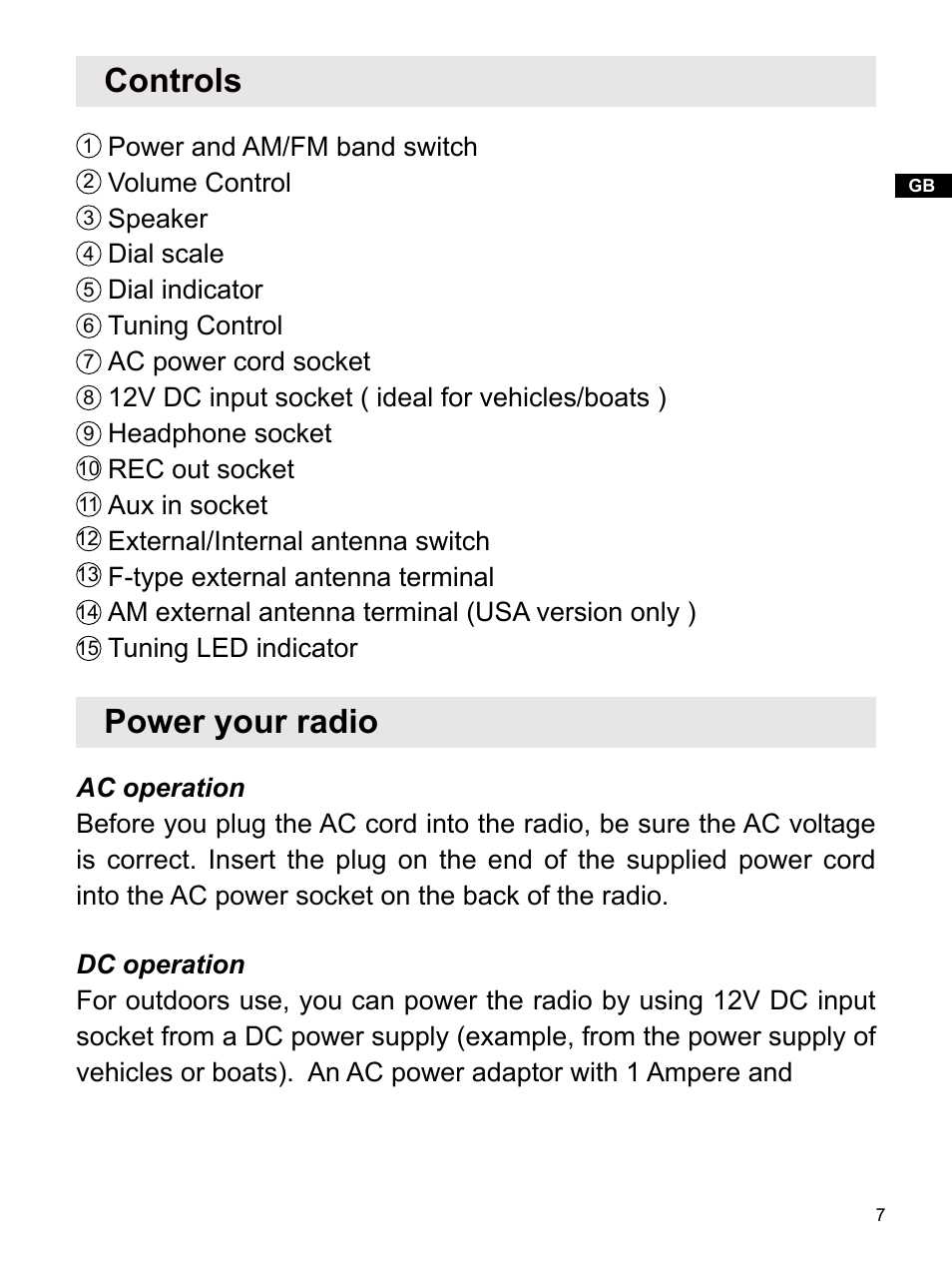 Controls, Power your radio | Sangean WR-1 (V1) User Manual | Page 8 / 12