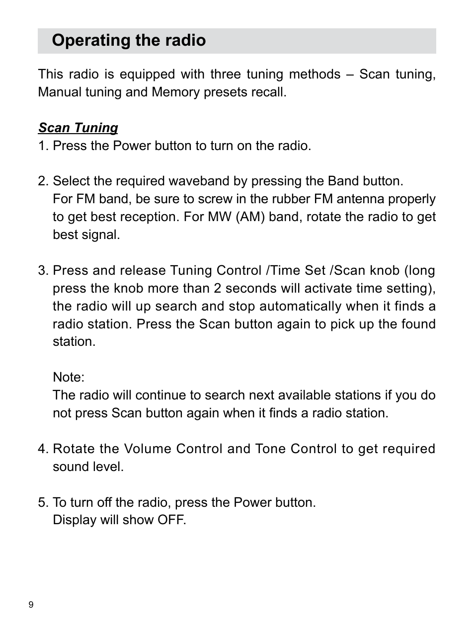 Operating the radio | Sangean U3 (V1) User Manual | Page 10 / 19