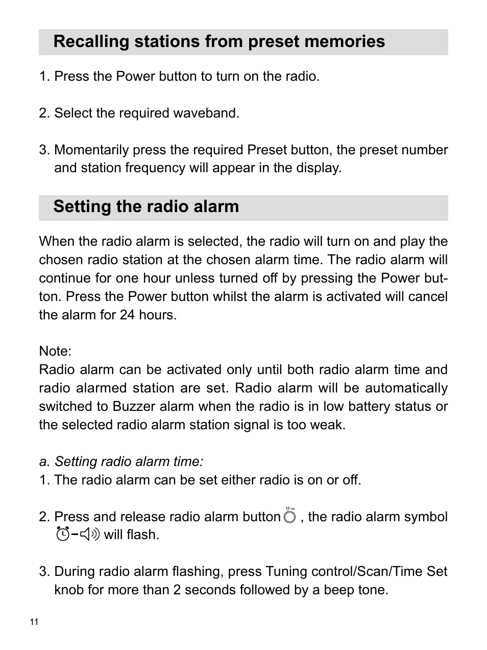 Setting the radio alarm | Sangean U3 (V1) User Manual | Page 12 / 19