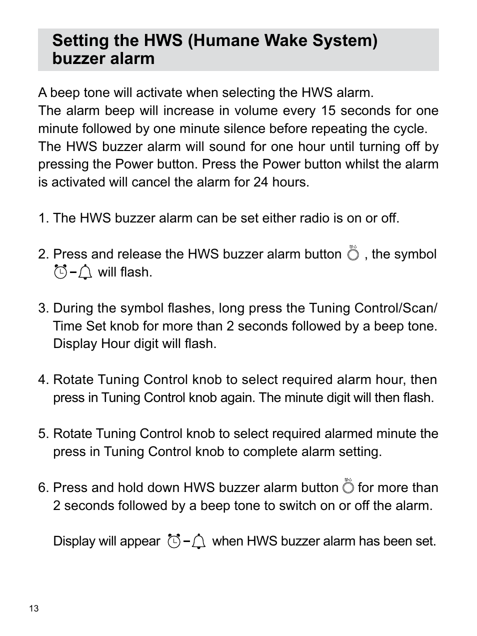 Setting the hws (humane wake system) buzzer alarm | Sangean U3 (V1) User Manual | Page 14 / 19