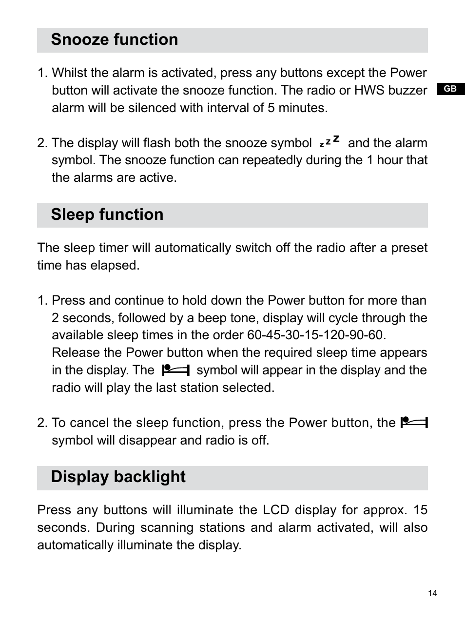 Snooze function, Sleep function, Display backlight | Sangean U3 (V1) User Manual | Page 15 / 19