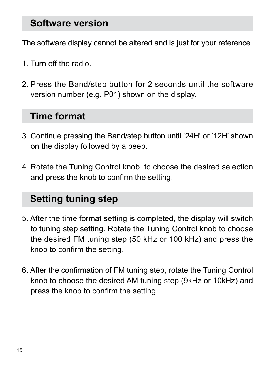 Software version, Time format, Setting tuning step | Sangean U3 (V1) User Manual | Page 16 / 19