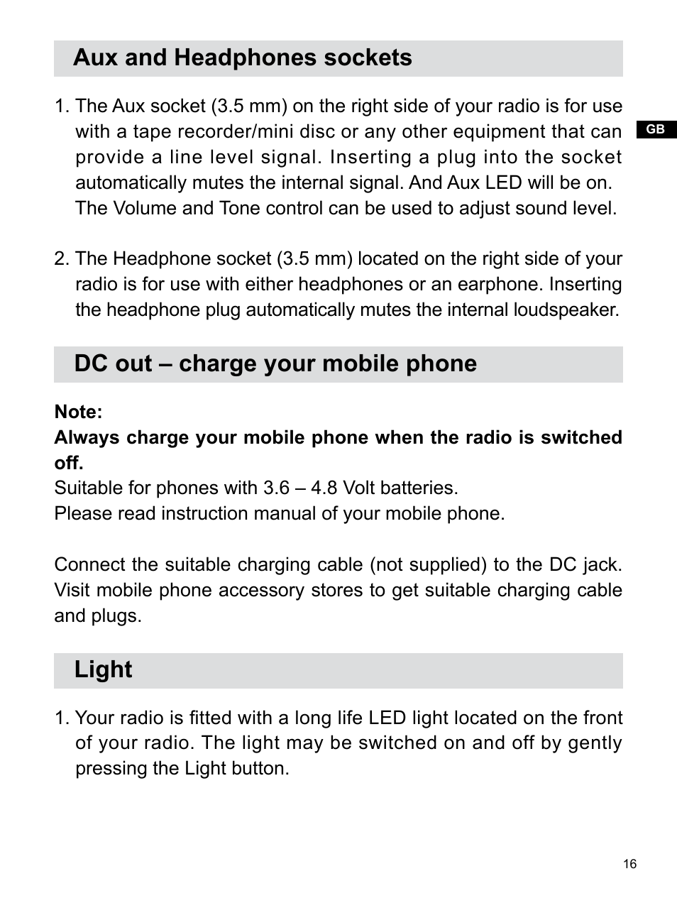 Aux and headphones sockets, Dc out – charge your mobile phone, Light | Sangean U3 (V1) User Manual | Page 17 / 19