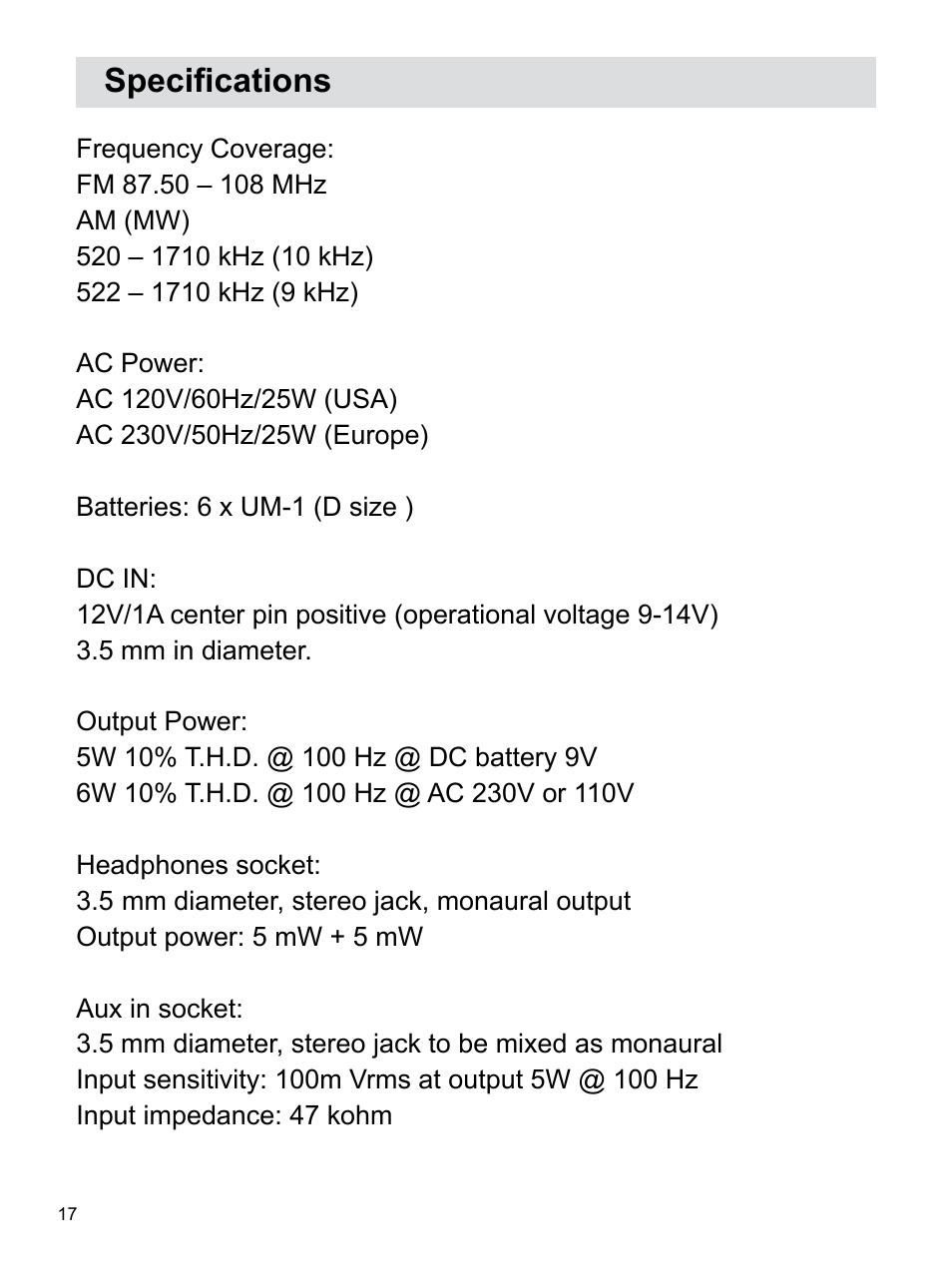 Specifications | Sangean U3 (V1) User Manual | Page 18 / 19