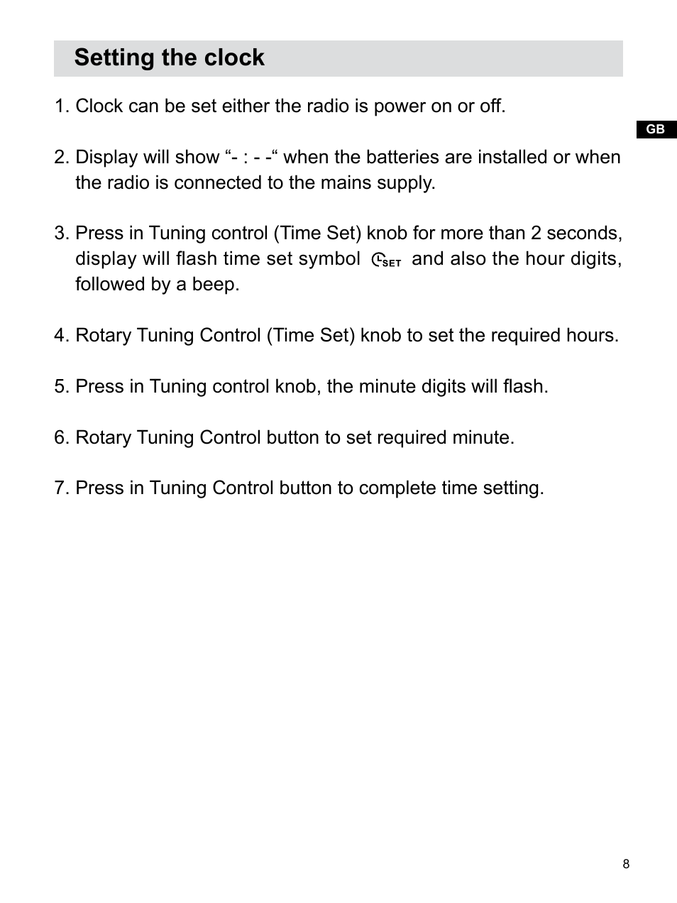 Setting the clock | Sangean U3 (V1) User Manual | Page 9 / 19