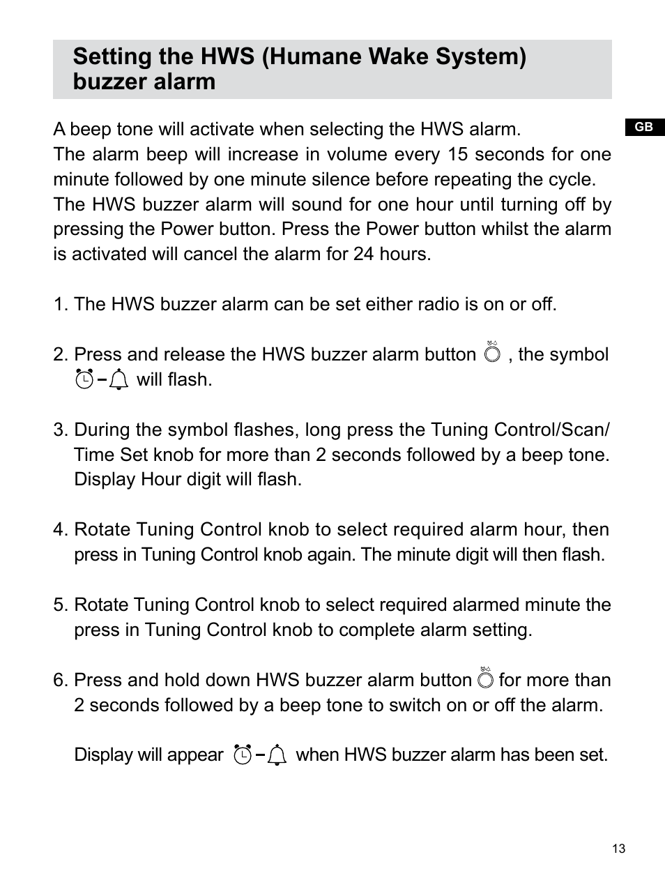 Setting the hws (humane wake system) buzzer alarm | Sangean U3 (R1) User Manual | Page 14 / 19