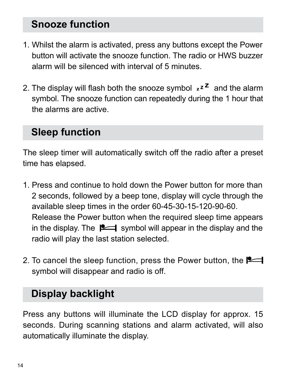 Snooze function, Sleep function, Display backlight | Sangean U3 (R1) User Manual | Page 15 / 19