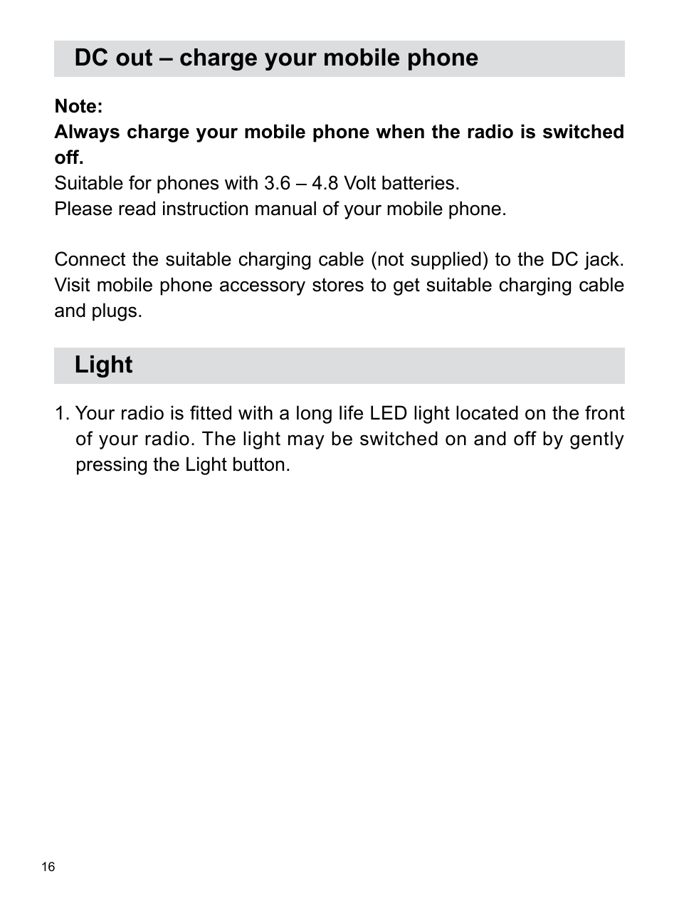 Dc out – charge your mobile phone, Light | Sangean U3 (R1) User Manual | Page 17 / 19
