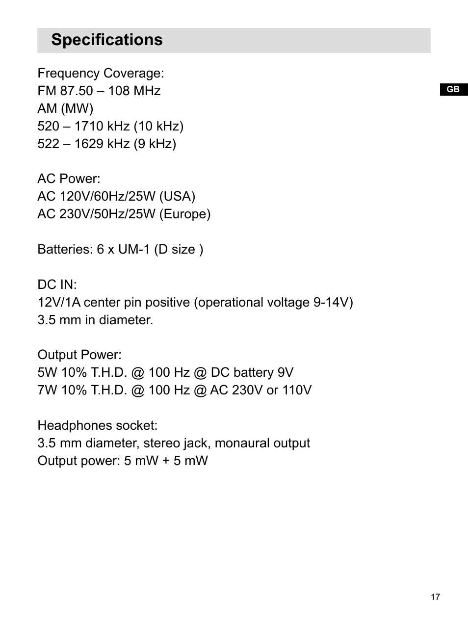 Specifications | Sangean U3 (R1) User Manual | Page 18 / 19
