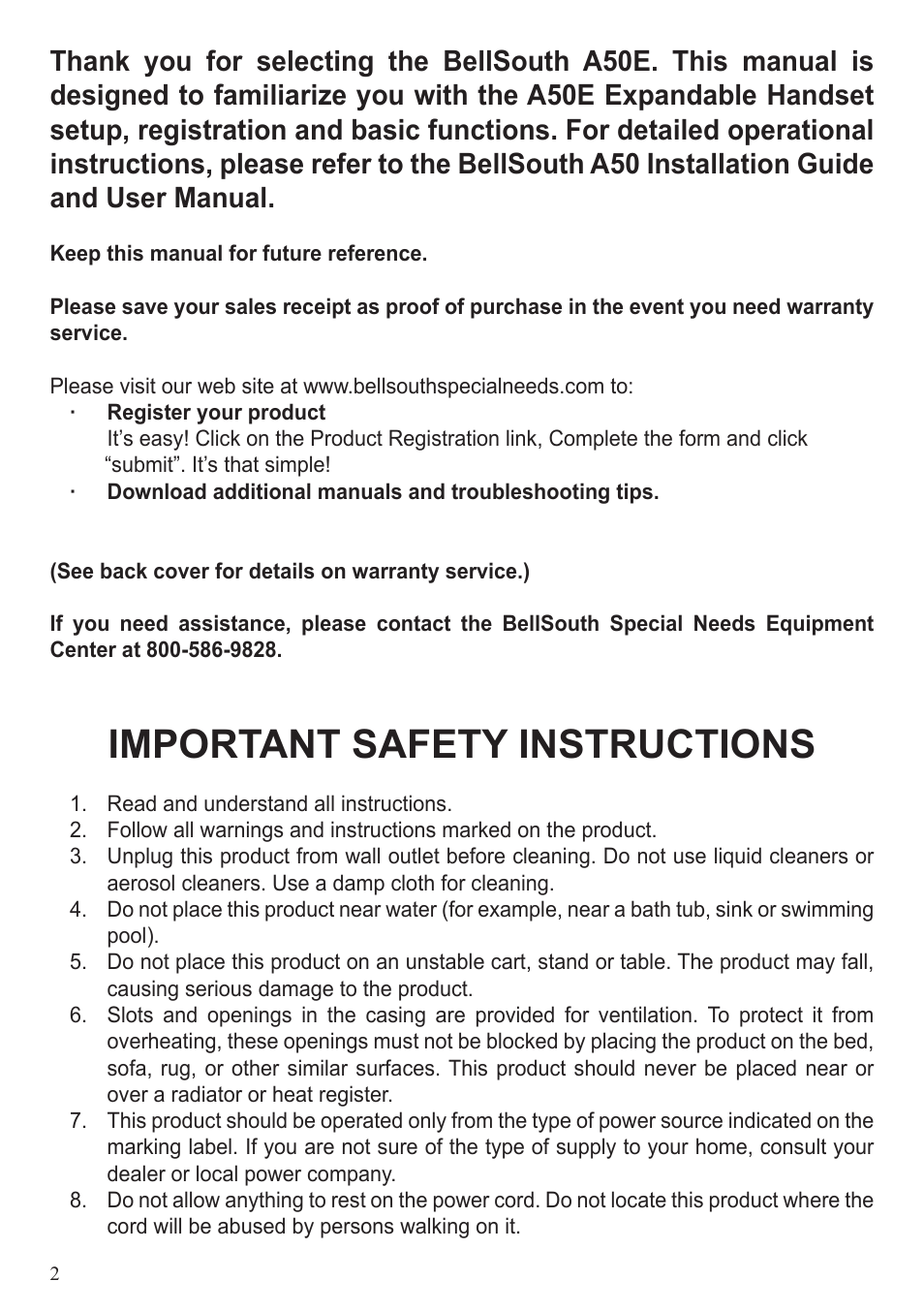 Important safety instructions | BellSouth A50E User Manual | Page 2 / 9