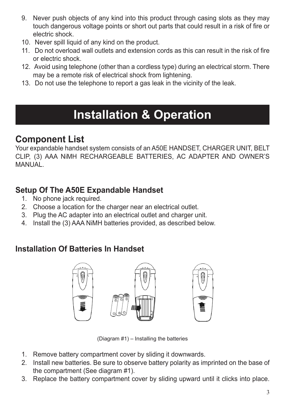 Installation & operation, Component list | BellSouth A50E User Manual | Page 3 / 9