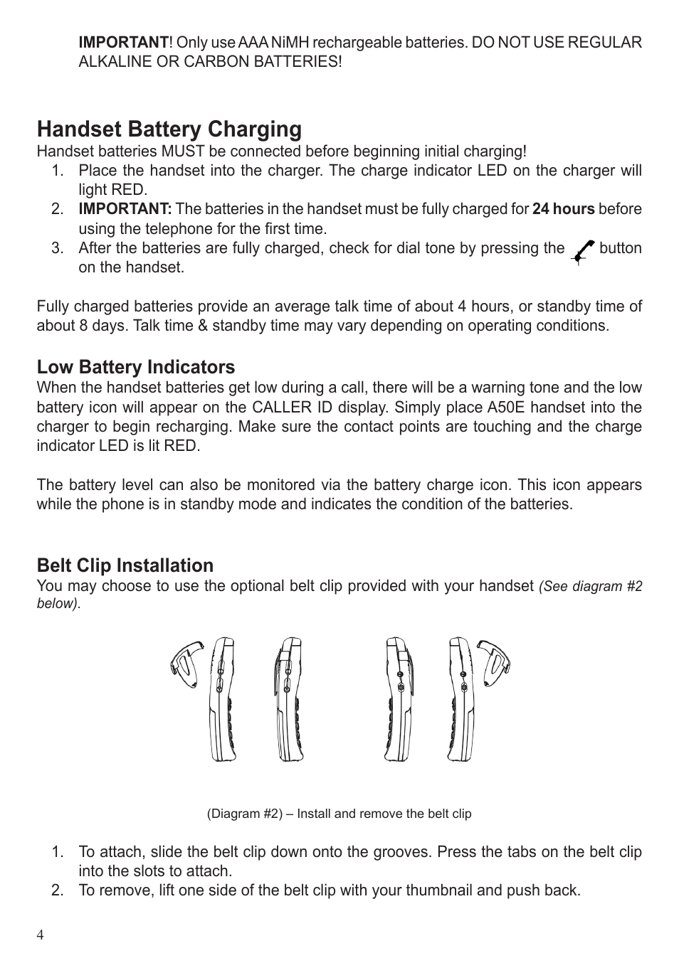 Handset battery charging, Low battery indicators, Belt clip installation | BellSouth A50E User Manual | Page 4 / 9